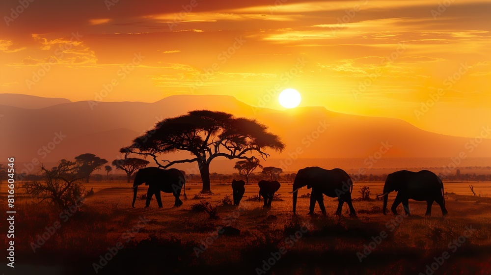 Elephants at Sunset on the African Savannah - ai generative Elephants at Sunset on the African Savannah - ai generative