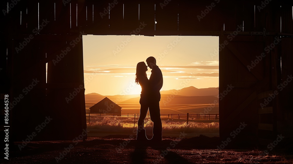 Fototapeta premium Romantic Couple Embracing in Barn Doorway at Sunset - ai generative