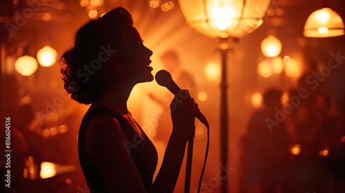 Silhouette of Singer Performing in Dimly Lit Lounge - ai generative