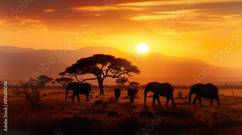 Elephants at Sunset on the African Savannah - ai generative