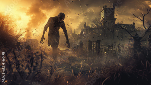 A terrifying zombie roams the ruins of an ancient house, embodying the horrors of Halloween.