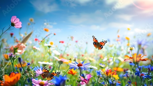 Vibrant meadow blooming with a variety of colorful flowers under a clear blue sky. Butterflies fluttering in a serene spring scene. Perfect for nature themes  backgrounds  and tranquility. AI