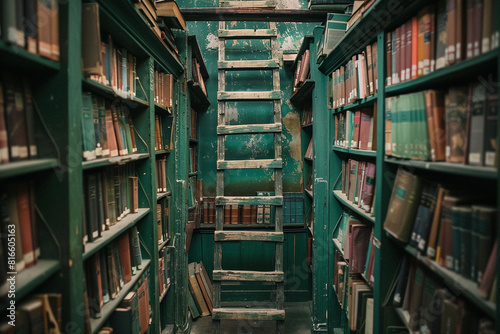 "Charming bookstore's forest green rustic ladder amidst towering bookshelves."