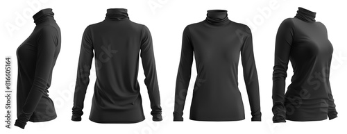 Set of woman black long sleeve turtleneck roll High neck top sweater tee t-shirt, front back side view on transparent background cutout PNG file. Mockup template for artwork design photo