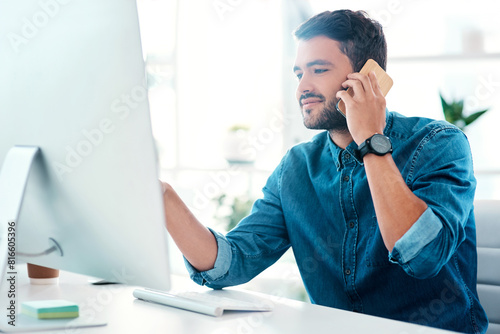 Businessman, computer and phone call with result for communication, teamwork and progress update. Male person, smiling and confident talking on mobile technology for good news and conversation