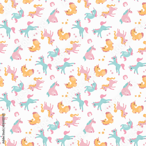 Seamless pattern with cute unicorns. A mythological and magical creature. Design for fabric  textiles  wallpaper  packaging. 