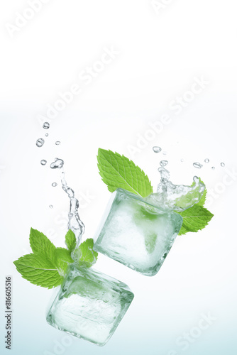 Mint leaves in ice cubes in splashes of water, copy space.