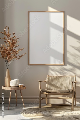Modern minimalistic living room in a mix of bohemian  scandinavian  nordic and baroque style. Mockup with a wall frame poster background. Interior design inspiration for a magazine  decoration concept