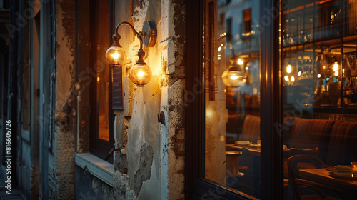 Side perspective through a window into a cafe lit by unique Italian fixtures  highlighting interior warmth.