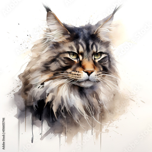 Watercolor painting of main coon cat head on a clean background. Pet. Animals.