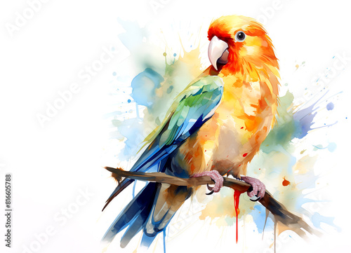 Watercolor painting of peach faced lovebird on a clean background. Bird. Animals.