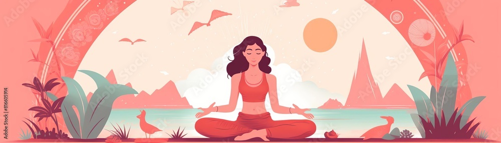 Calm and peaceful woman meditating in a beautiful nature landscape with mountains, river and forest.