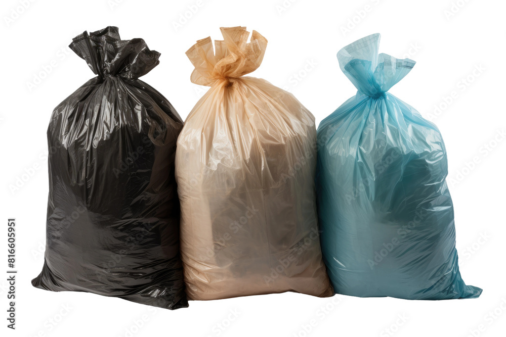 Symphony of Waste: Three Bags of Trash in Harmony on White or PNG Transparent Background. Symphony of Waste: Three Bags of Trash in Harmony on White or PNG Transparent Background.
