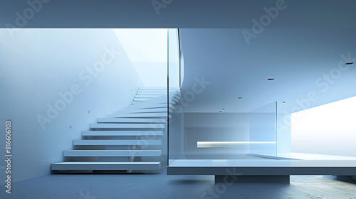 Minimalist design of a powder blue cantilever staircase in a home, photographed from above.
