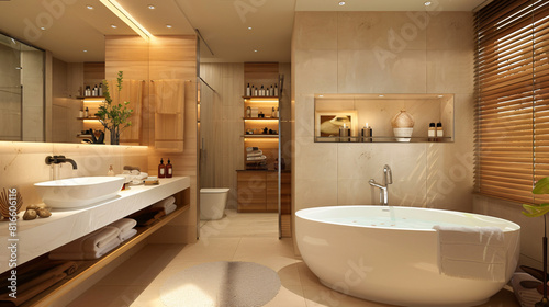 Interior of bathroom with sink bathtub and shelving 