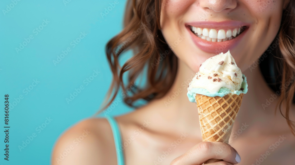 A woman holds an ice cream cone with a blue background. A woman holds an ice cream cone with a blue background.
