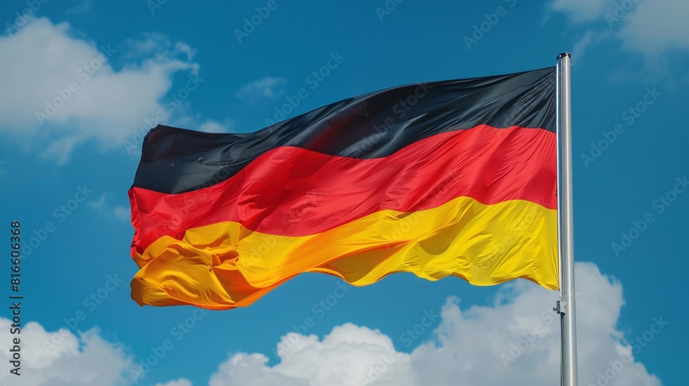 German flag flying on pole against blue sky. German flag flying on pole against blue sky.