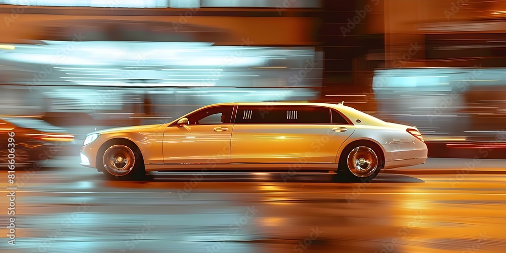Elegant Limousine Cruising Through City Streets at Night: Side View. Concept Night Time, City Lights, Luxury Car, Streets, Elegant Design