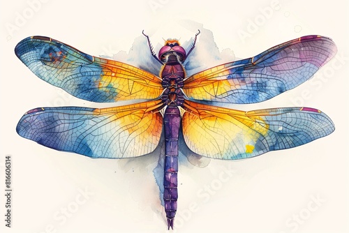 Dragonfly watercolor painting on a blank background, depicted in a clip art illustration for a graphic design logo. © ckybe
