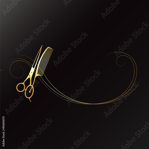 Hair curls and scissors comb gold sign frame elegant design