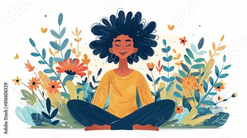 A young woman with dark curly hair is sitting in a meditative pose in a garden with colorful flowers and plants.