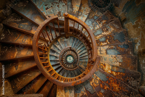 Rusted iron spiral staircase in a clock tower, captured from below with visible machinery.