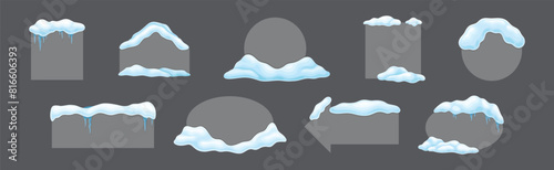 Grey Frame Shape with Snow and Frozen Icicles Vector Set