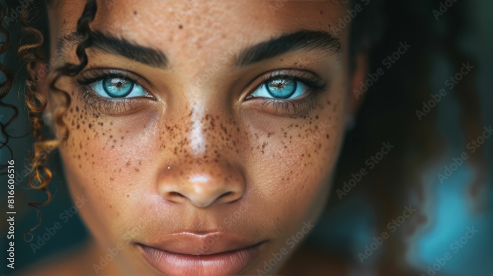 Close up portrait of a beautiful young woman with curly hair, freckles and blue eyes Close up portrait of a beautiful young woman with curly hair, freckles and blue eyes