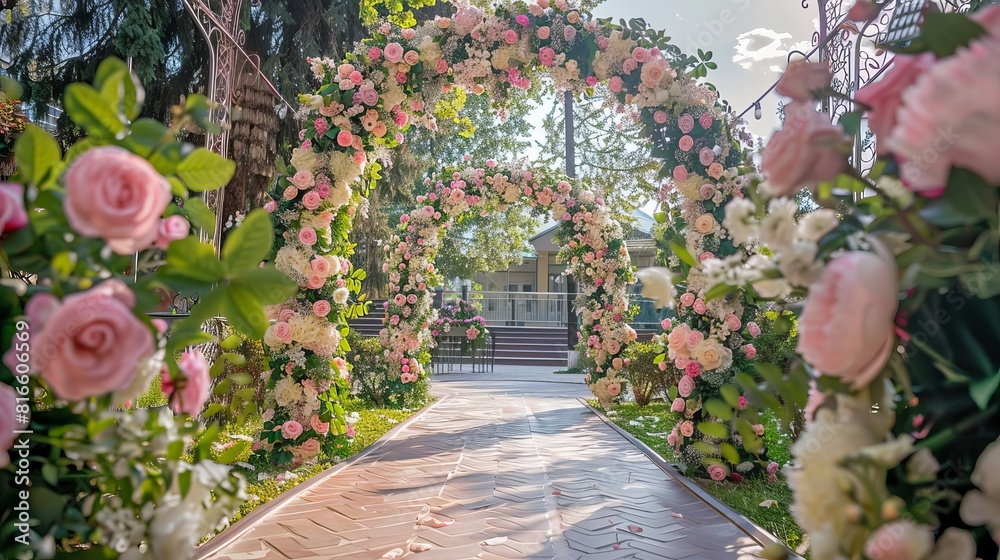 Obraz premium The wedding ceremony had a beautiful archway decorated with fresh flowers. It was very stylish and stood in the garden. The wedding day was decorated with fresh flowers and peonies.