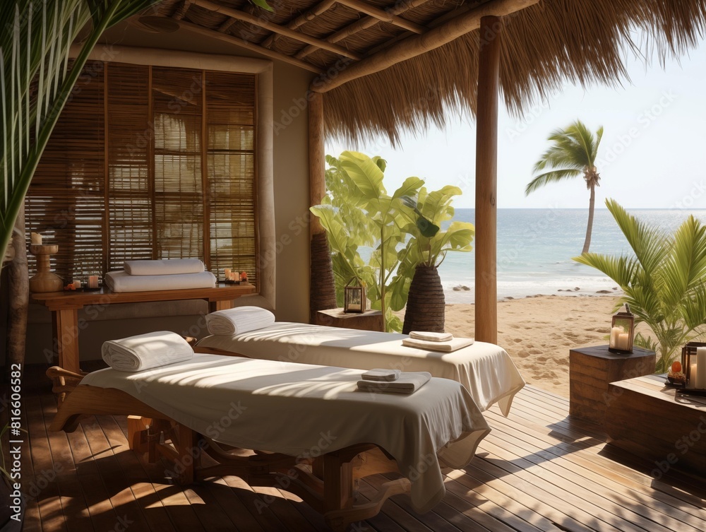 Fototapeta premium Massage Tables Ready for a Relaxing Session by the Beach