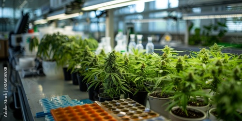 A cannabis research facility studying different strains for medical use, with lab equipment visible.