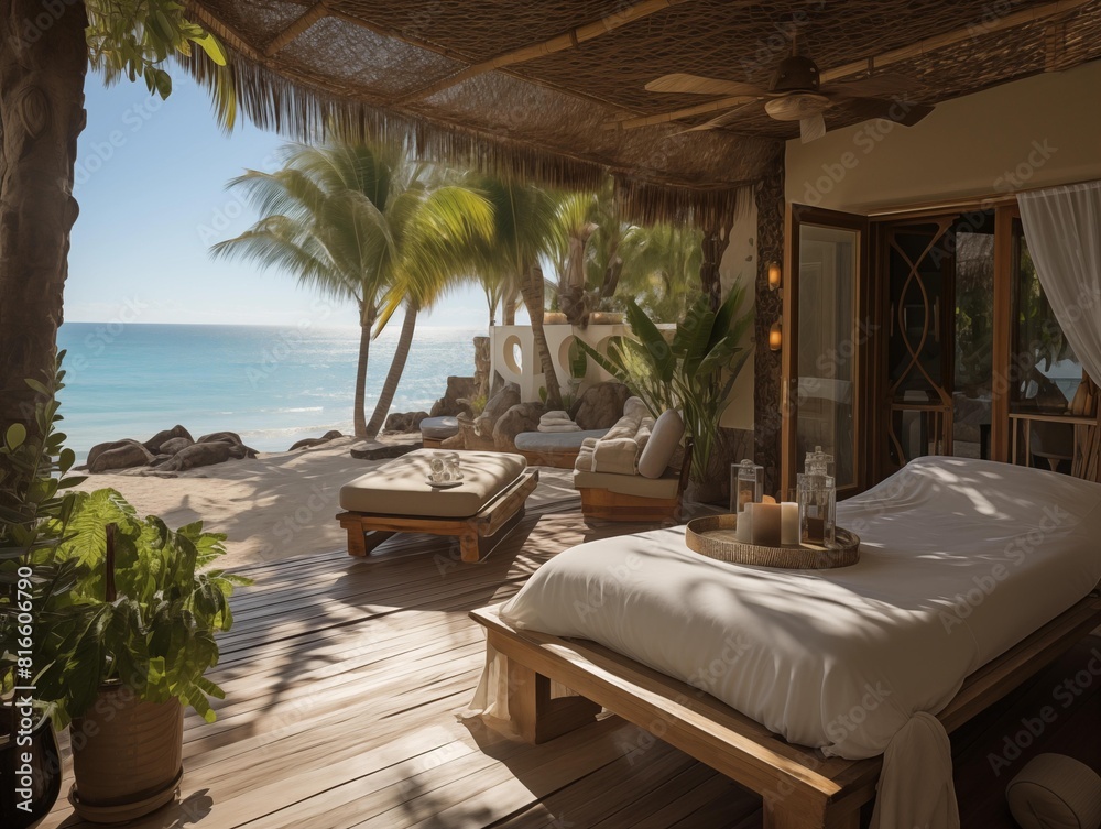 Fototapeta premium Relaxation Awaits at a Beachside Spa in the Morning Sun