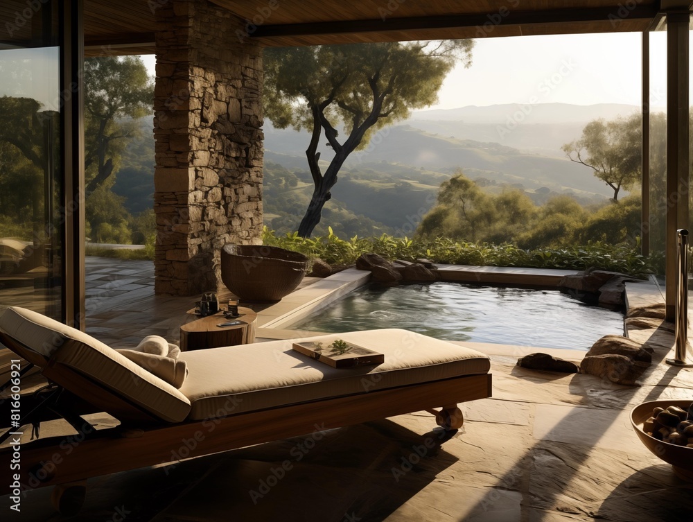 Fototapeta premium Tranquil Morning at a Hillside Poolside Retreat