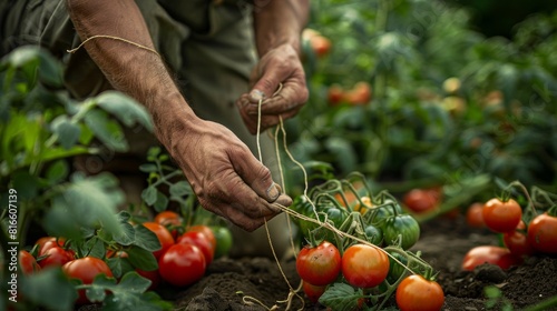 A close-up of a farmer tying up organic tomato plants with natural fiber twine. photo