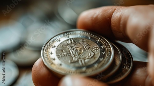 A close-up of a hand holding a silver coin with a euro symbol photo