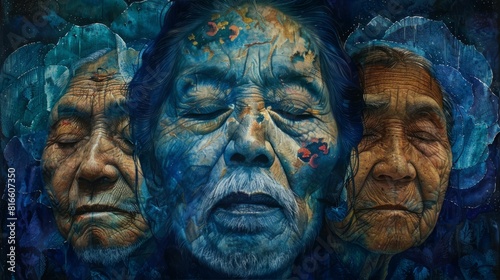 Oil painting of three old people with blue skin.