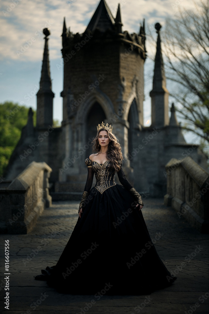 Woman in black medieval gown near castle Woman in black medieval gown near castle