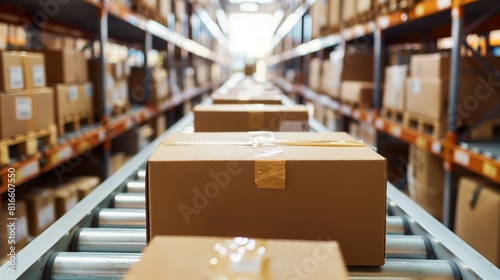 Order fulfillment center delivery shipment, boxes on conveyor belt in warehouse, ready to shipped to customers © antkevyv