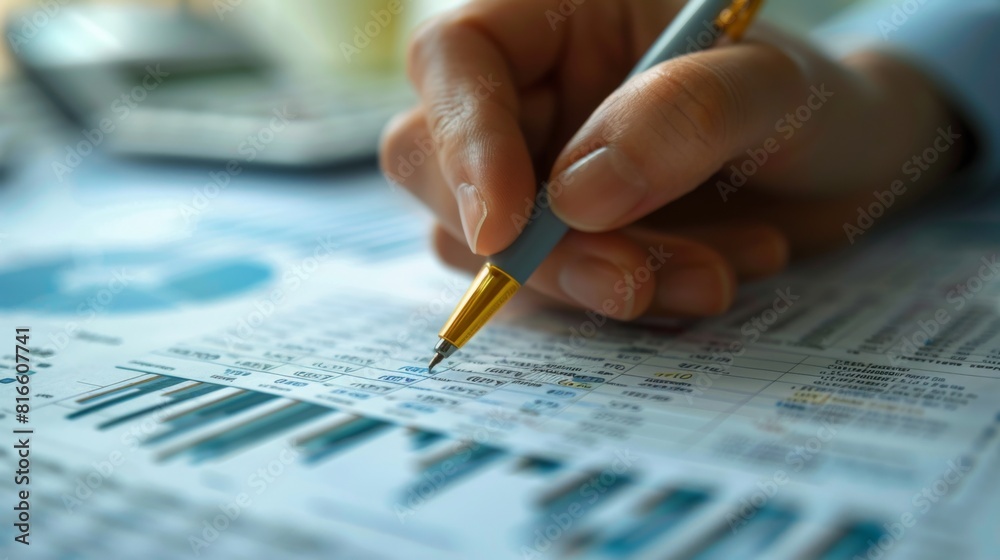 A close-up of a hand writing on a financial report with charts and graphs A close-up of a hand writing on a financial report with charts and graphs