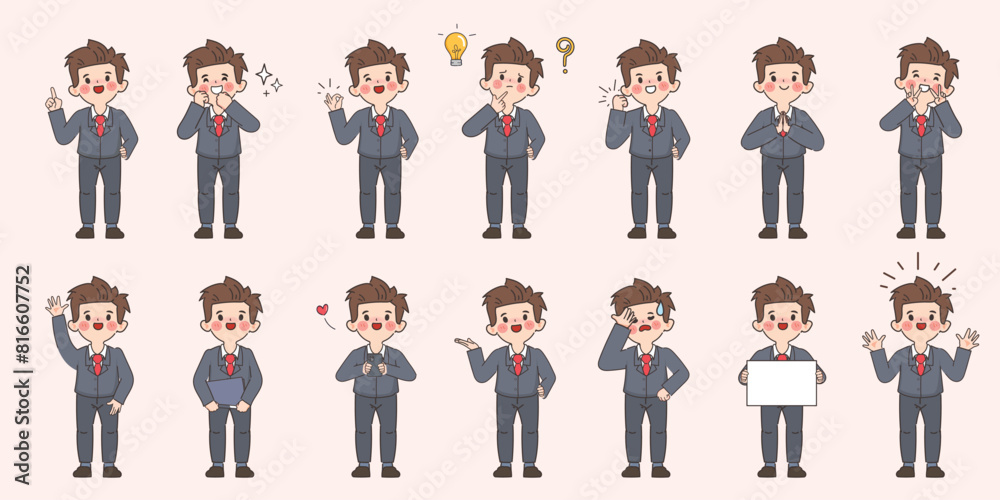 Businessman character pose set in suit uniform. Employee people in job Businessman character pose set in suit uniform. Employee people in job