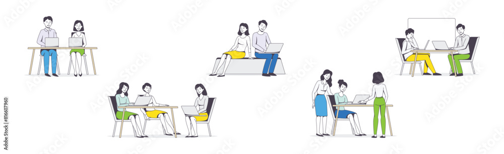 Successful Team with Man and Woman Office Employee Working Together Vector Illustration Set