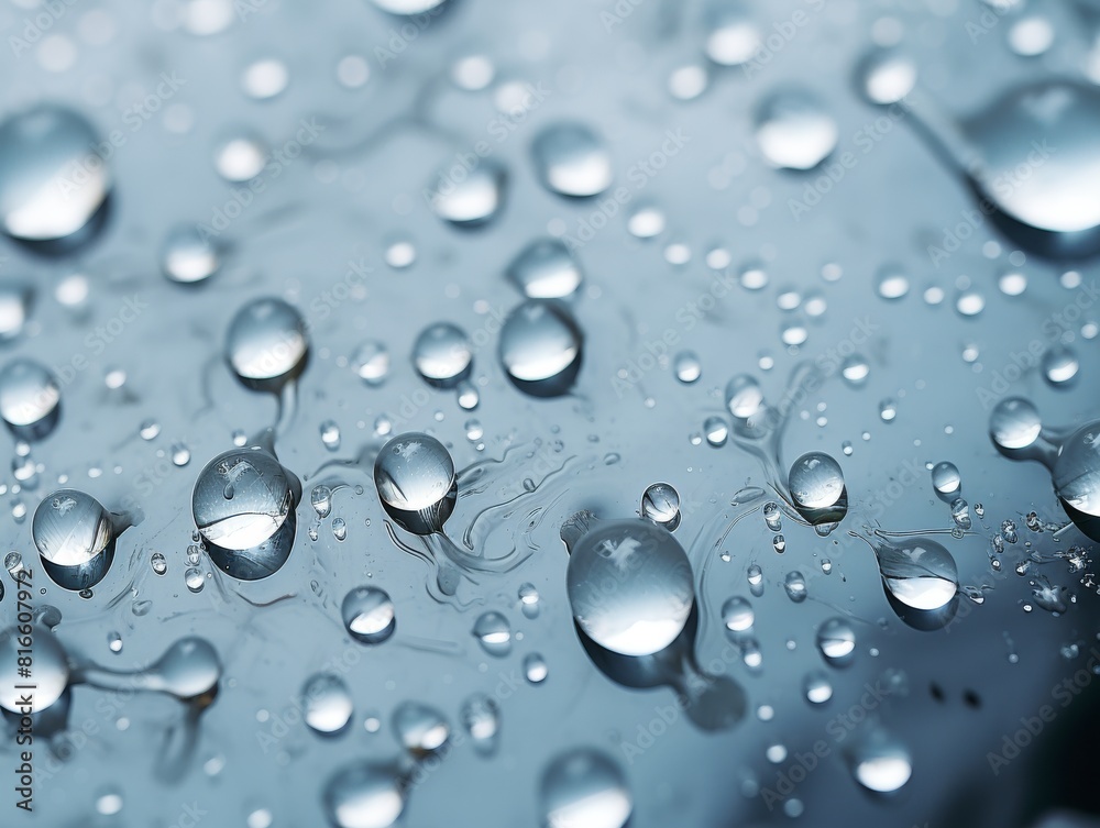 Close-up of water drops on a blue waterproof fabric