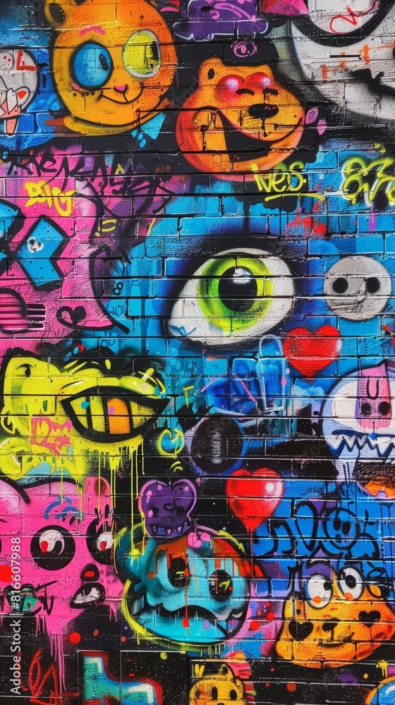 Colorful urban graffiti cartoon characters wall Colorful urban graffiti cartoon characters wall