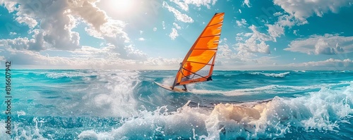 11 Windsurfer catching the breeze, sail tilted in action, expansive ocean and bright sky in background