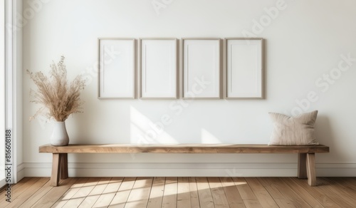 Wooden rustic bench near white wall with two frames. Farmhouse, country, boho interior design of modern home entryway, hall.
