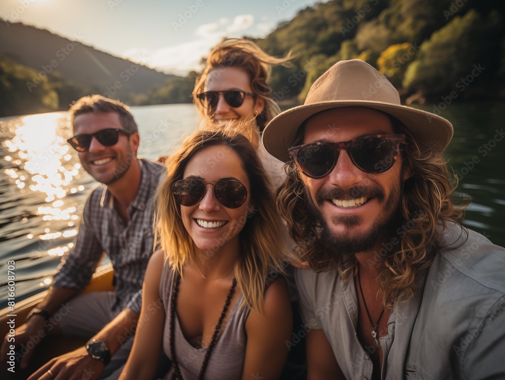 Friends Enjoying a Sunset Boat Ride on a Calm River Friends Enjoying a Sunset Boat Ride on a Calm River