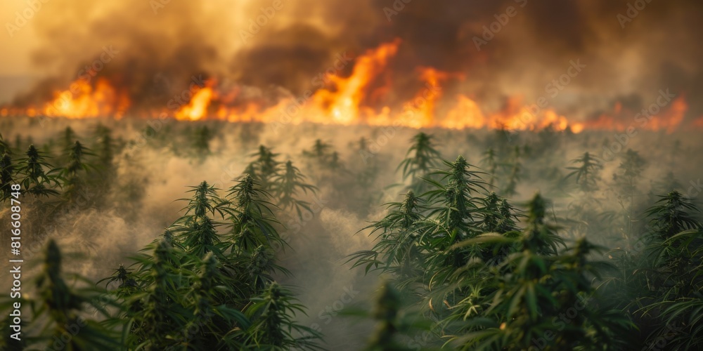 A controlled burn for pest management at a cannabis farm, with smoke swirling among the plants.