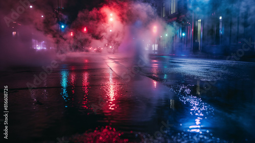 A dark and rainy street with red and blue neon lights reflecting, Al Generative © Talha