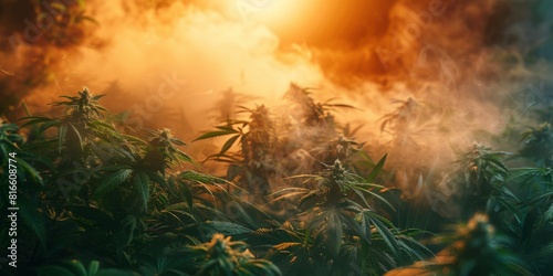 A controlled burn for pest management at a cannabis farm  with smoke swirling among the plants.