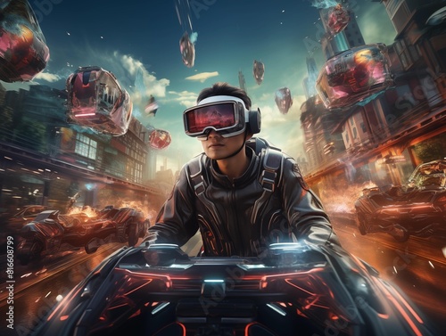 Gamer Engaged in a Futuristic VR Racing Battle in the City © P-O-P